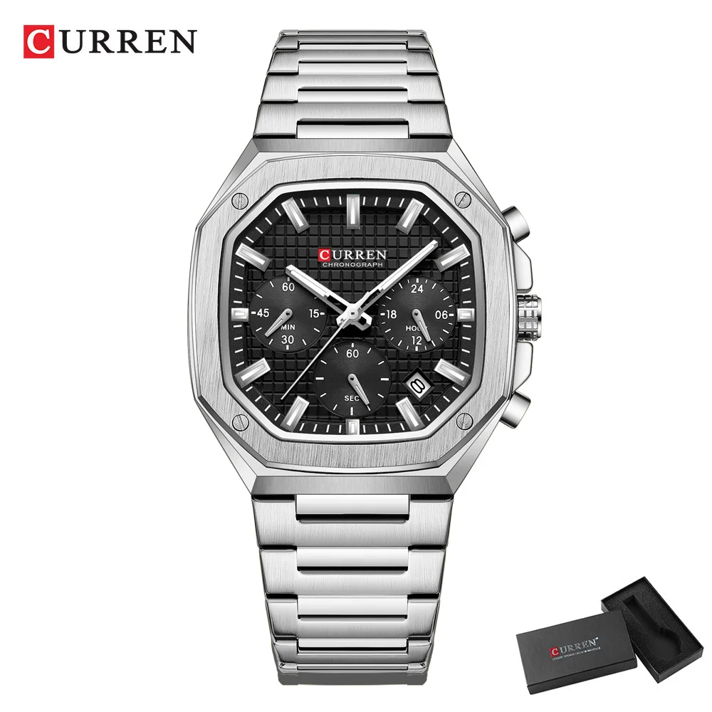 CURREN Top Marke Einzigartiges Design Quadratisches Vintage-Zifferblatt Edelstahlarmband Neue lässige Quarz-Herrenuhren mit Chronograph 5