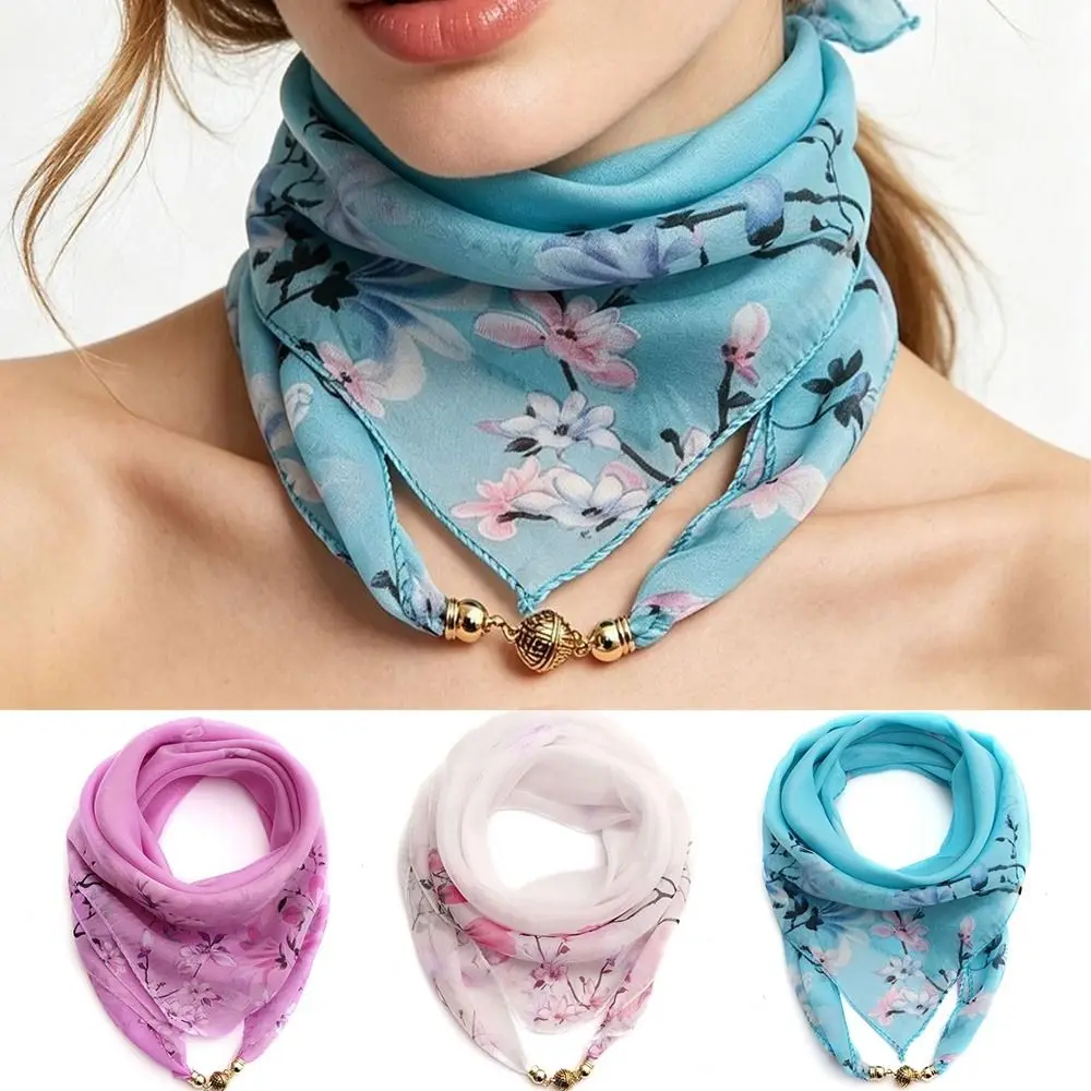 Fashion Magnetic Buckle Floral Print Silk Scarf Sunscreen Elegant Luxury Small Square Scarf Chiffon Scarves Neck Decorative