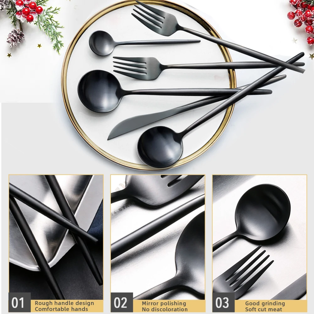 30pcs Black Dinnerware Set Stainless Steel Steak Knife Fork Coffee Spoon Teaspoon Flatware Dishwasher Safe Kitchen Tableware Set