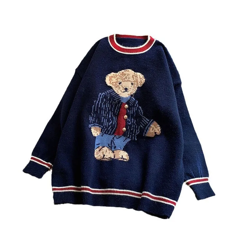Sweter damski z dzianiny z motywem kreskówkowego misia, luźny sweter z okrągłym dekoltem w stylu college na jesień i zimę.