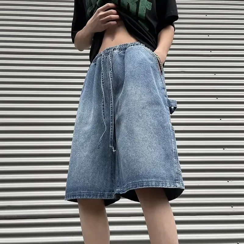 おしゃれなルーズフィットストレートデニムショートパンツシンプル無地カジュアル万能メンズ5点パンツ