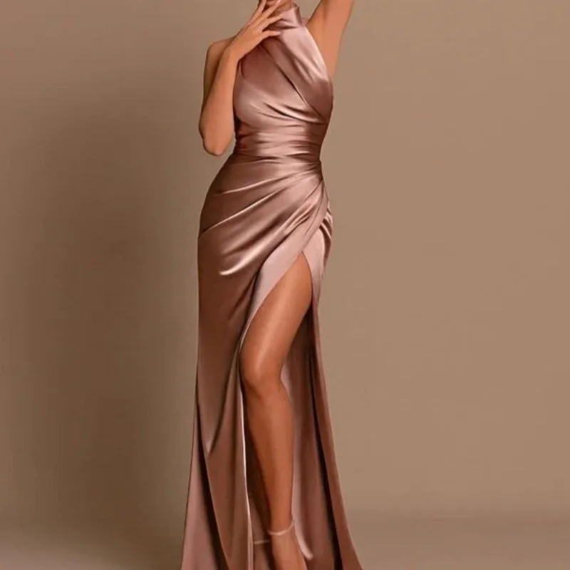 Blossom Ladies Satin Exquisite Pleated Evening Dress High Neck Sleeveless Mermaid Floor-Length High Slit Ball Dress