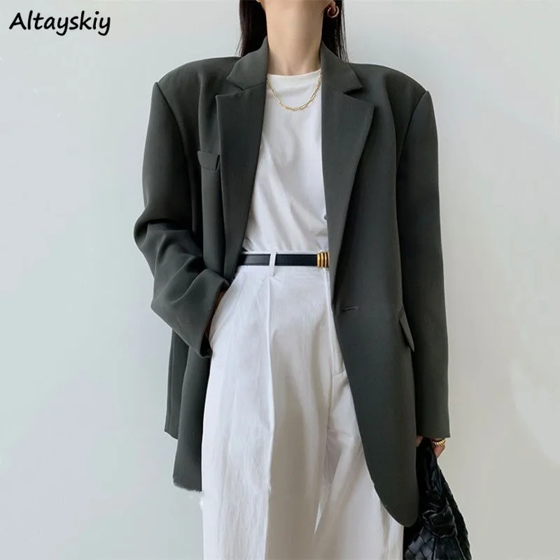 Minimalist Blazers for Women Spring Autumn Clothing Korean Style Chic Girls Loose Solid Ins Long Sleeve Notched Single Button