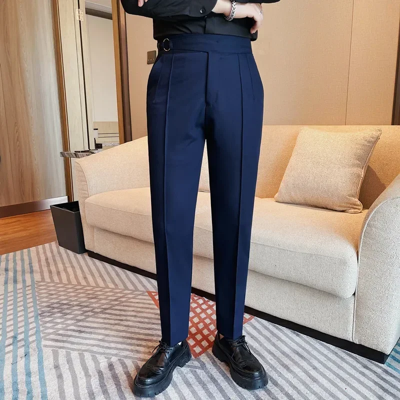 Celana panjang kasual gaya Inggris untuk pria, celana panjang Formal bisnis pas badan kasual warna polos untuk pria