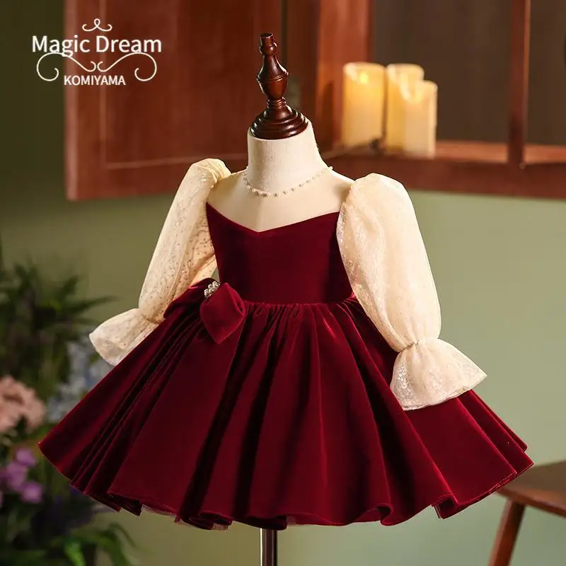 Customized Kids Birthday Robe Long-sleeve Velvet Petticoat Children's Flower Girls Dress Ball Gown Princess Vestidos Gifts