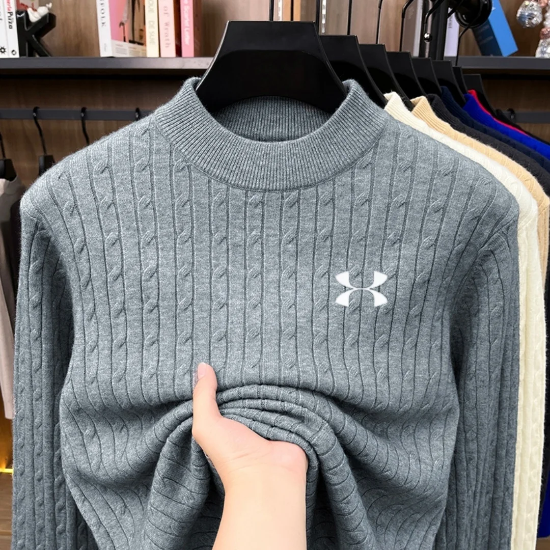 Men's semi high collar Fried Dough Twists knitting sweater autumn and winter slim solid color long sleeve base coat casual top