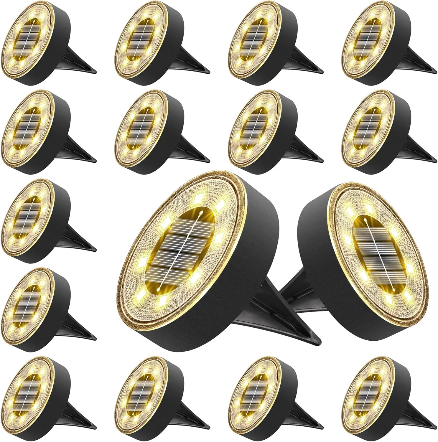 

16 Pack 8 LED Solar Ground Lights, IP68 Waterproof, Auto On/Off, Warm White for Patio Lawn Garden