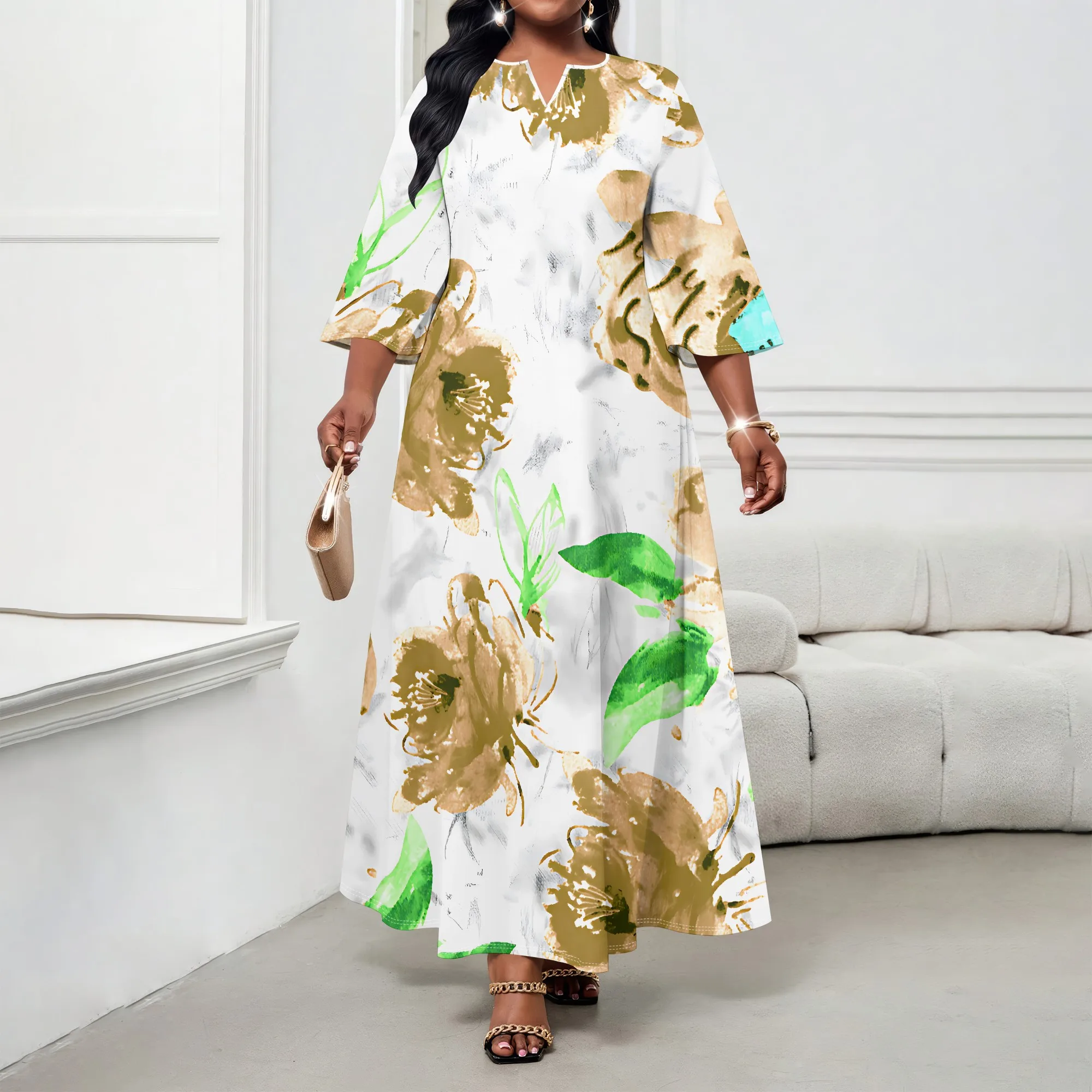 Damen-Kleid mit mittellangen Ärmeln in Übergröße, modisches bedrucktes kleines V-Ausschnitt, lässiges Heimkleid