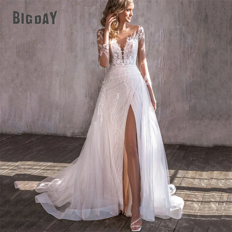 

Elegant Luxury Wedding Dress Women 2024 Lace Illusion Back Long Sleeve Sweetheart Bridal Gown Detachable Train Vestidos De Noiva