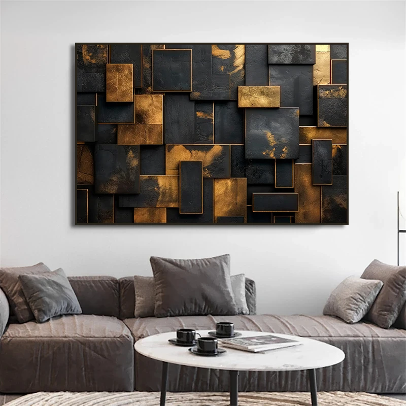 Luxury Abstract Geometric Canvas Wall Art Square Rectangle Decor Black and Gold Painting Print Interior Decor Cuadros