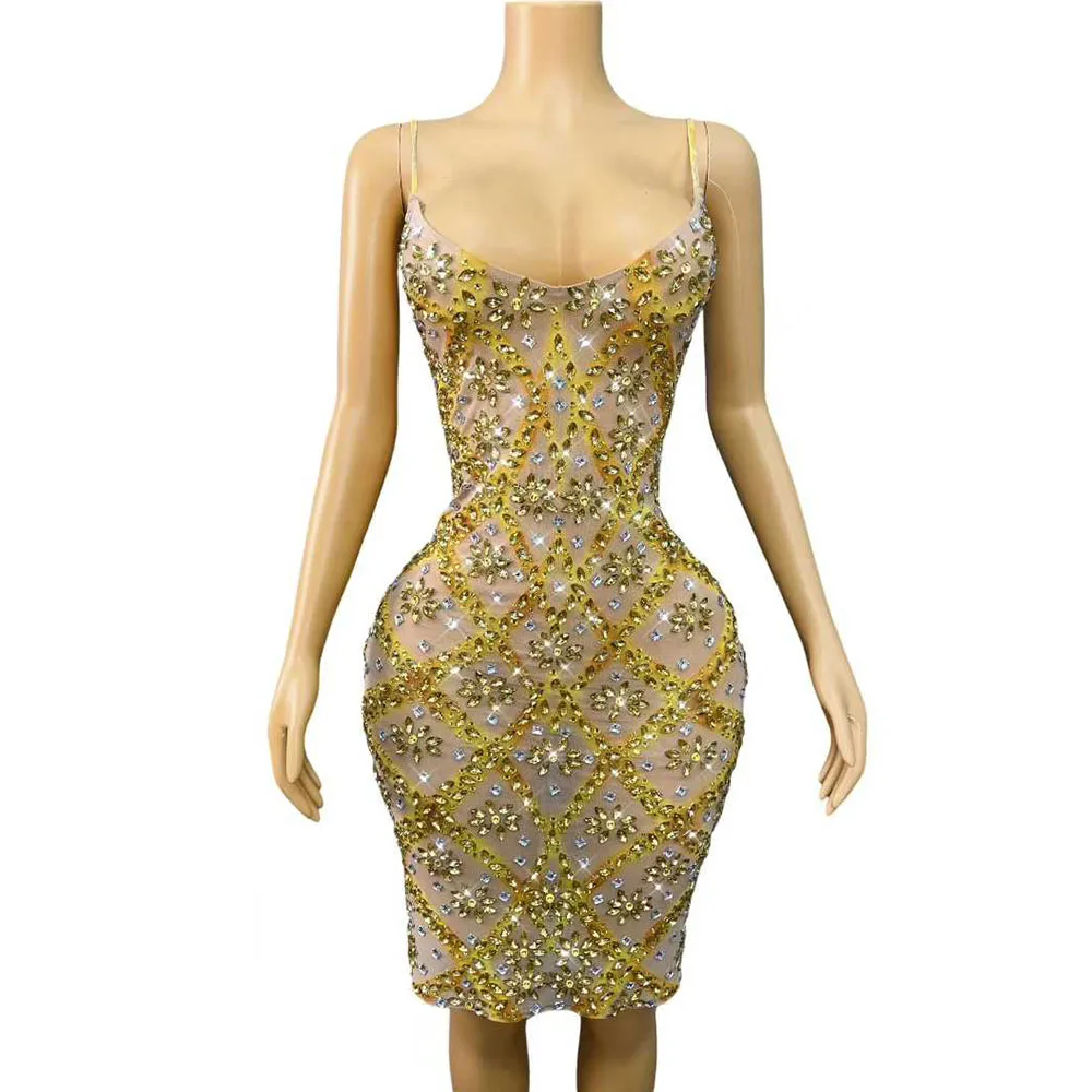 

Luxurious Sparkly Rhinestones Sexy V-neck Suspenders Mesh Dress Women Evening Birthday Celebrate Outfit Photoshoot Stage Costume