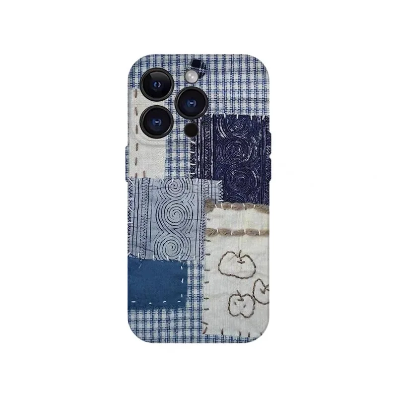 

Blue Apple Splicing Fabric Phone Case for IPHONE 17 Air 16E 15 PROMAX 14 Plus 13 12 MINI 11 PRO 16Plus XR XS Acrylic Phone Cover
