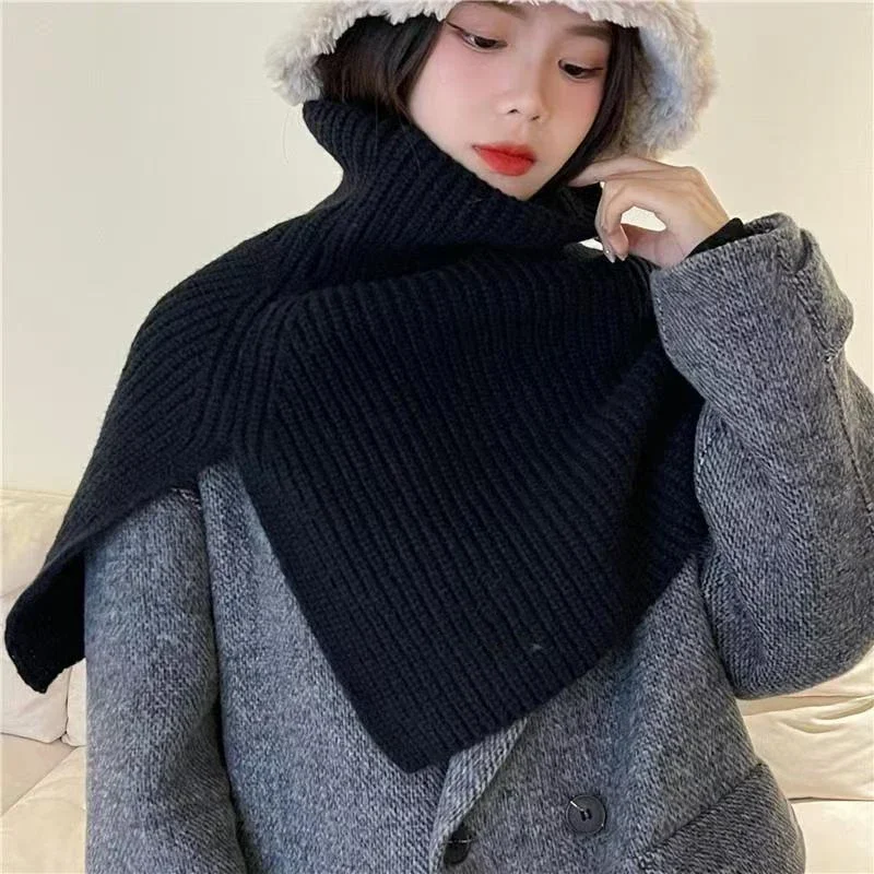 High Neck Irregular Wool Knitted Designer Scarf Outdoor Warm Convenient Windproof Matching Women Men Coat Solid Muffler