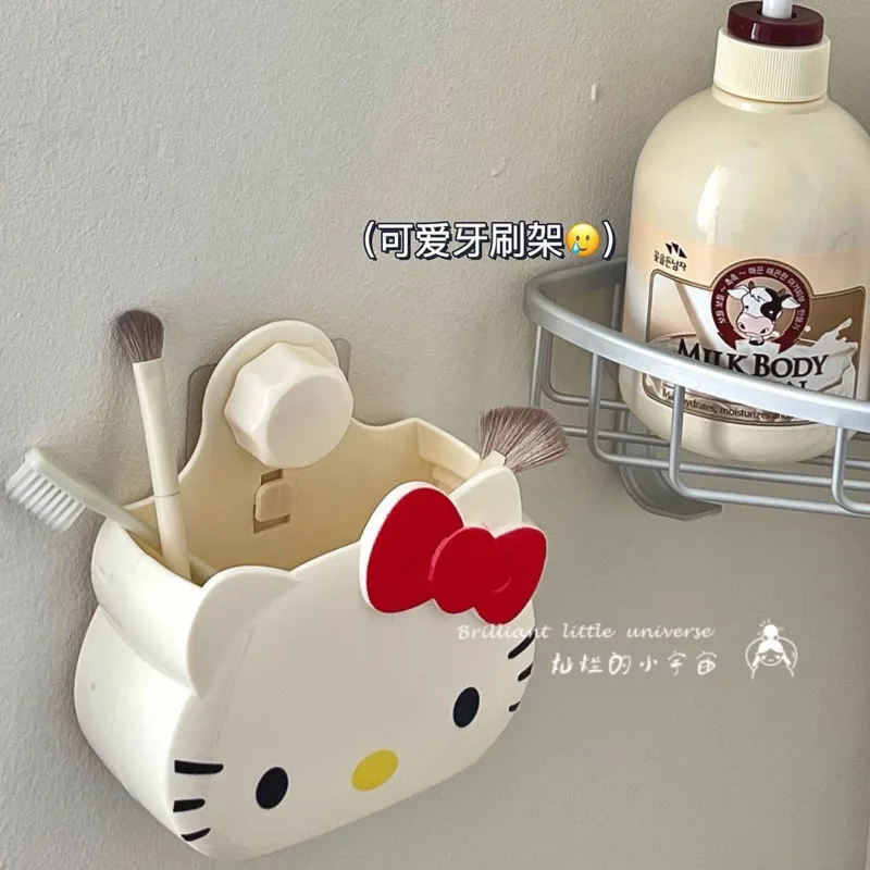 Sanrio Hello Kitty Toothbrush Holder, Cartoon, Nail-free, Non-perforated, Comb Organizer, Hanging Rack, Bathroom Storage, New