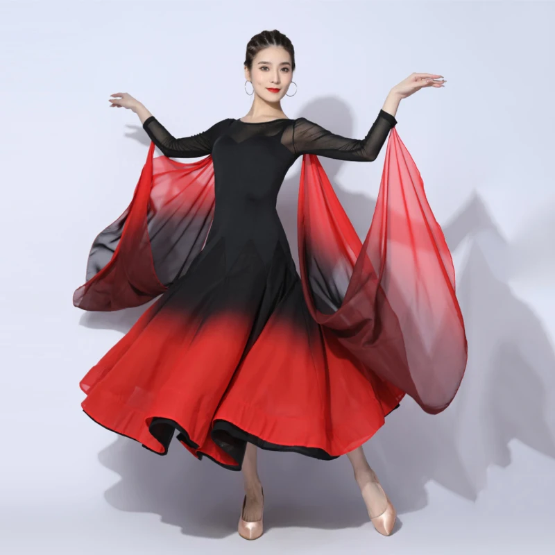 

Ballroom Dance Dress For Adult Women Prom Red Gradient Waltz Dancing Costume Long Sleeve Tango Dancing Competition Clothes 4988