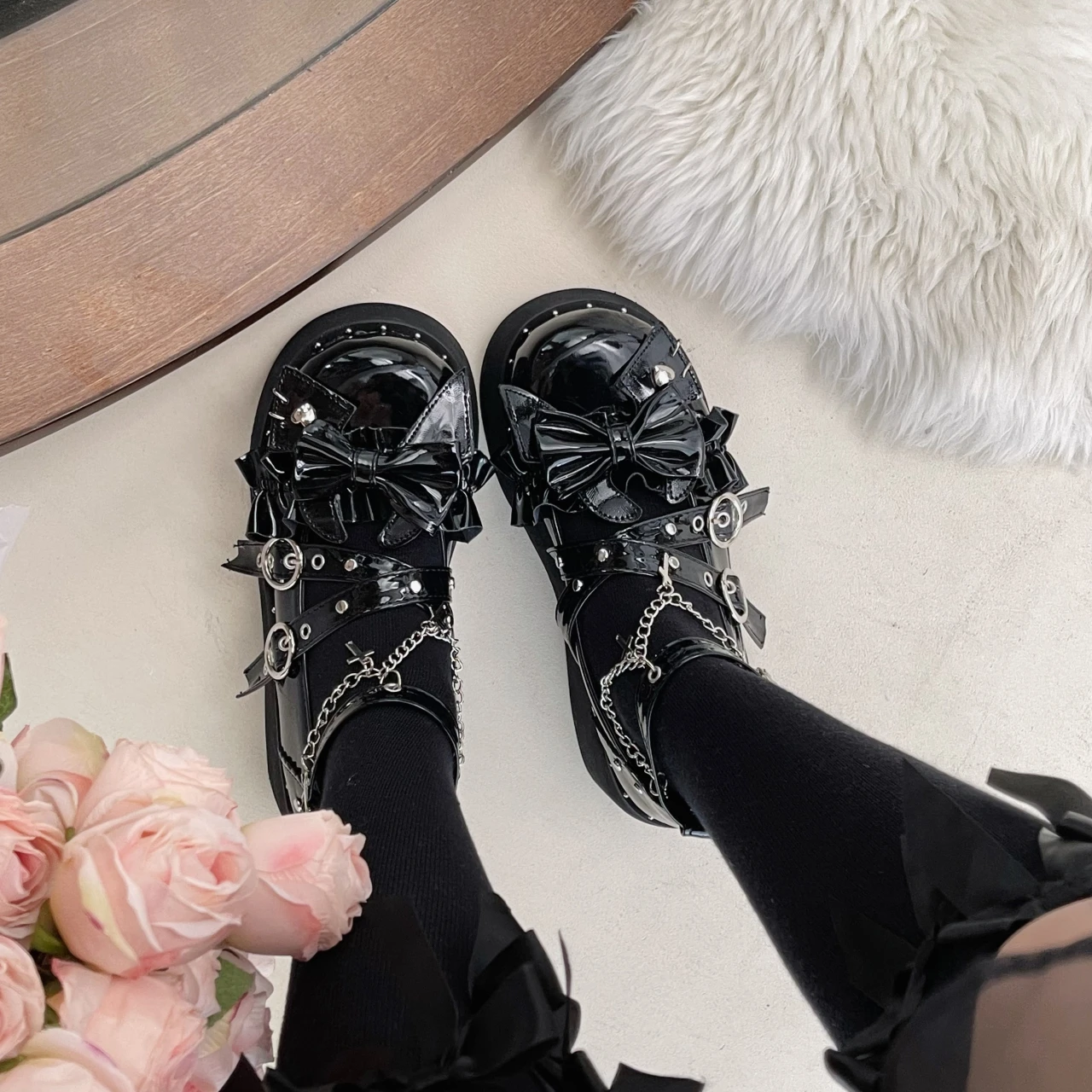 Lolita Kawaii Platform Shoes Chunky Heels Pumps Rivets Y2K JK Uniform Black Women Single Shoe