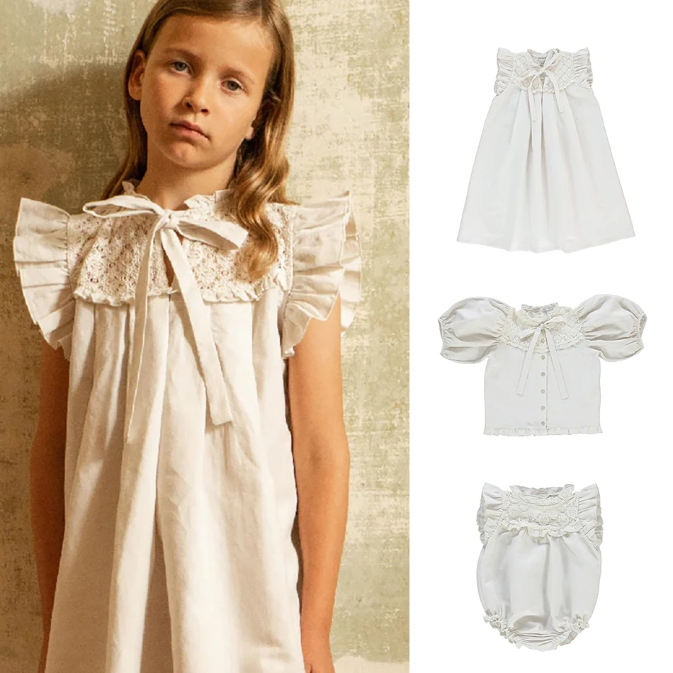 new Bebe-organic Summer Children Linen Dress Cotton blossom dress lace embroidery half sleeve skirt tank dress