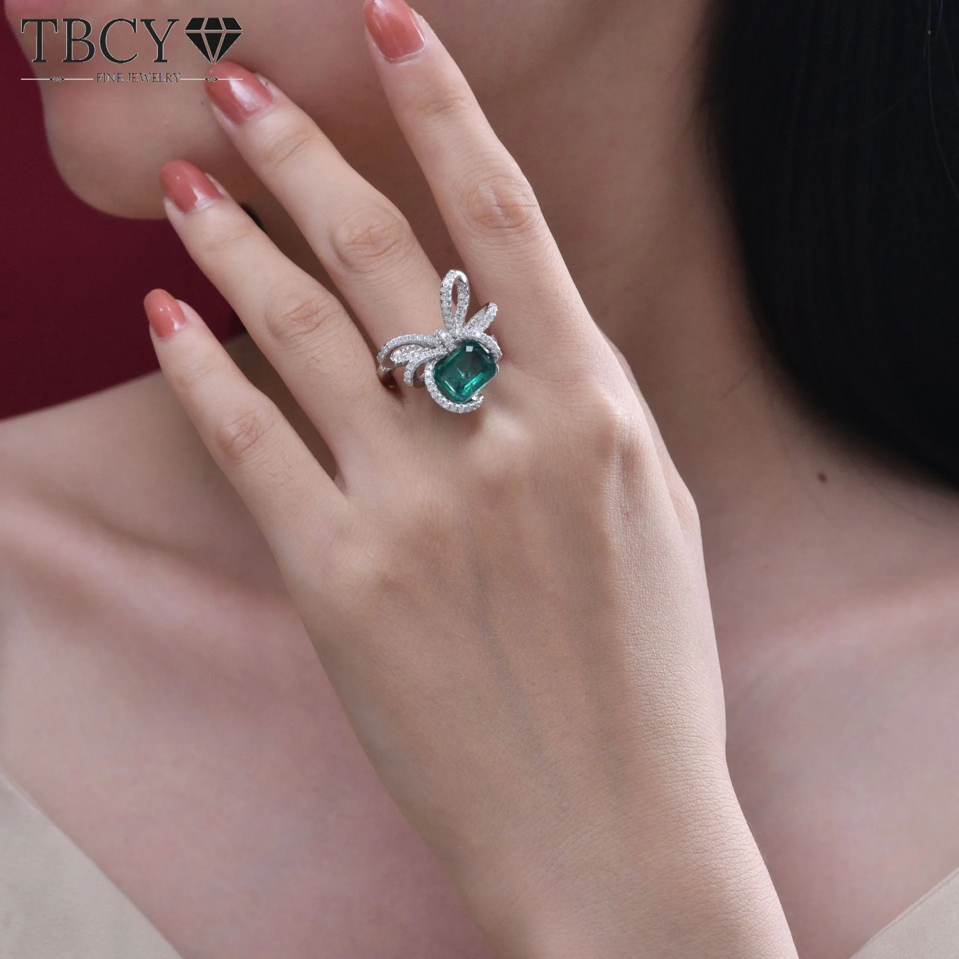 

TBCYD 2.35ct 8*10mm Emerald Ring Bow Zircon Ring Design Rings S925 Sterling Silver Rectangular for Woman Ring