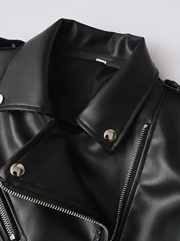 DiYiG  WOMAN  2024 Autumn New Fashion Lazy Style with Belt Imitation Leather Biker Top Chic Lapel Zipper Jacket Outerwear Mujer