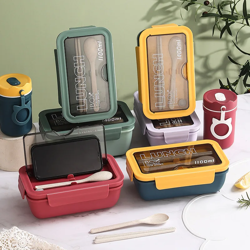 1100ML Microwave Lunch Box with Spoon Chopstick Dinnerware Food Storage Container Children Kid School Office Microwave Bento Box