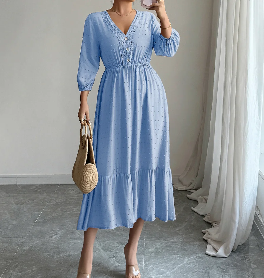 

Autumn Solid Color V-Neck Polka Dot Jacquard Lace Patchwork Slim Fit Dress for Women, Elegant A-Line Long Sleeved Dress