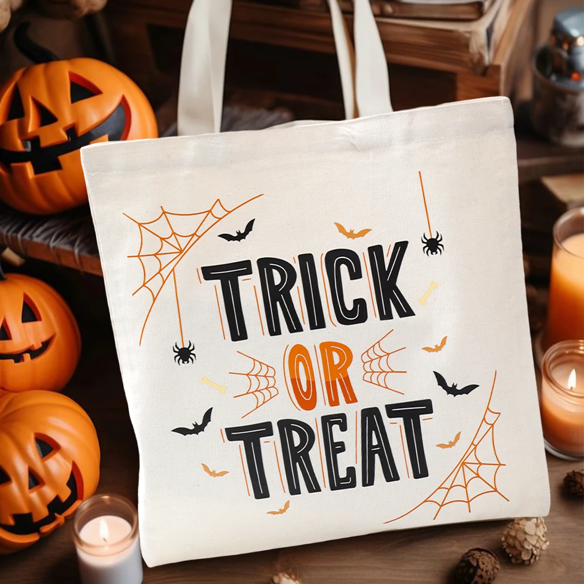 Halloween Trick Canvas Tote Bag Happy Halloween Party Decorations For Home 2024 Trick Or Treat Kids Favors Candy Cookie Handbag