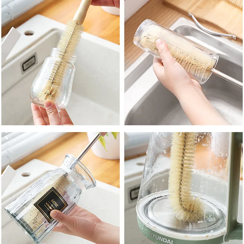 Bottle Brush Cleaner with Long Wooden Handle Water Bottle Cleaning Brush Natural Bristle Kitchen Scrub Bottle Brush for Cup Jug