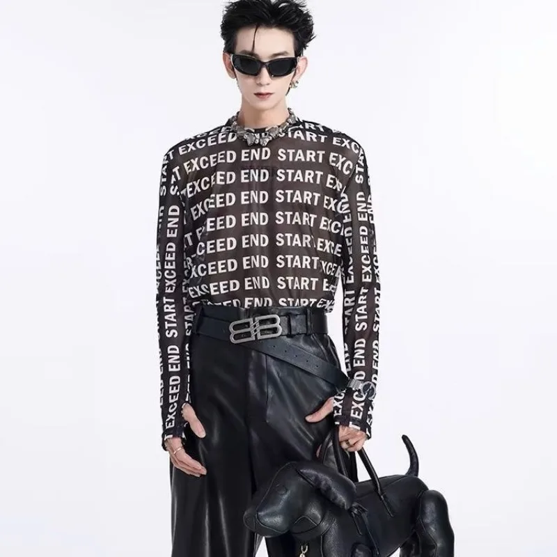 Fashion Letter Print Mesh T-shirt Mens Summer Tops Long Sleeve Sexy Bottom Shirt Sun Protection