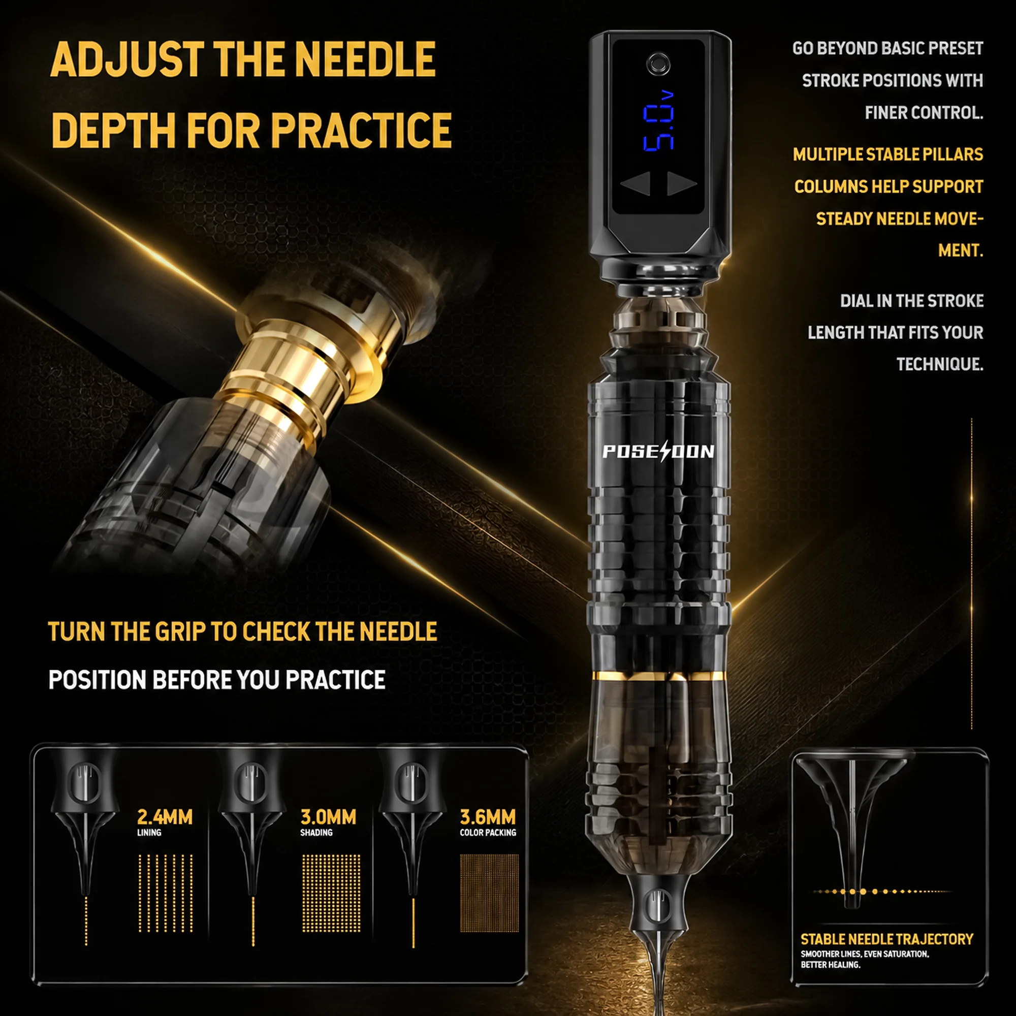 POSEIDON V5 Tattoo Pen Kit Battery Tattoo Pen with Extra Battery 1500mAh Tattoo Gun Kit with Tattoo Power Supply And 10pcs Tattoo Cartridge Needles Complete Tattoo Kit Tattoo Supplies for Beginners