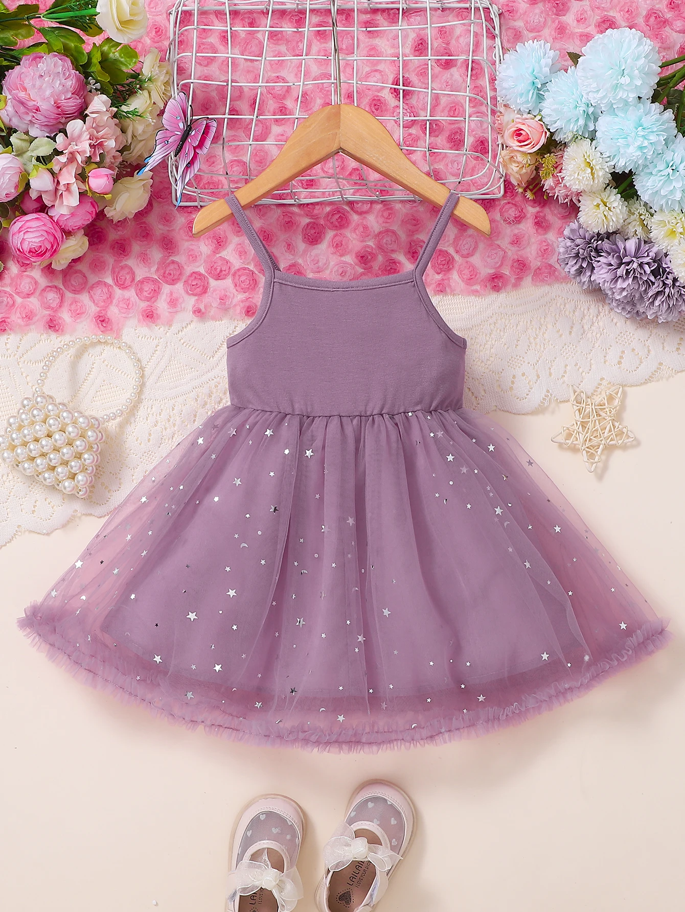 Light Purple Tulle Princess Skirt for Girls Summer Dreamy Starry Sky Star Print Puffy Strap Fairy Tale Outfit for Little Girls