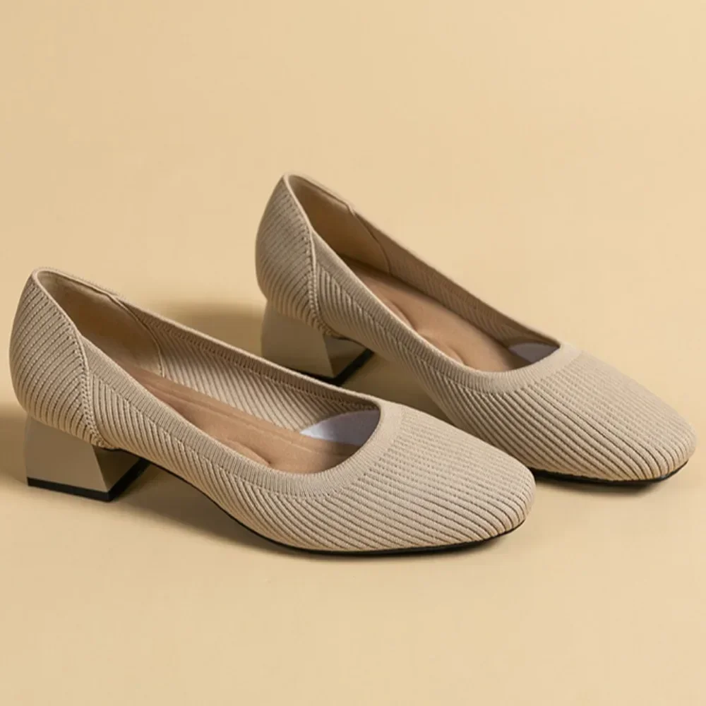 Rough Order Shoes Women Mid Heel 4cm Breathable Knitted Oversized Soft Soled Casual Woven Shoes Cloth Shoes Wide Heels Women