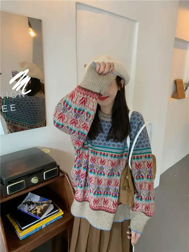 Sweater Women Spring Autumn Winter 2023 New Korean Vintage O-neck Sweet Full Print Loose Girls Sweater