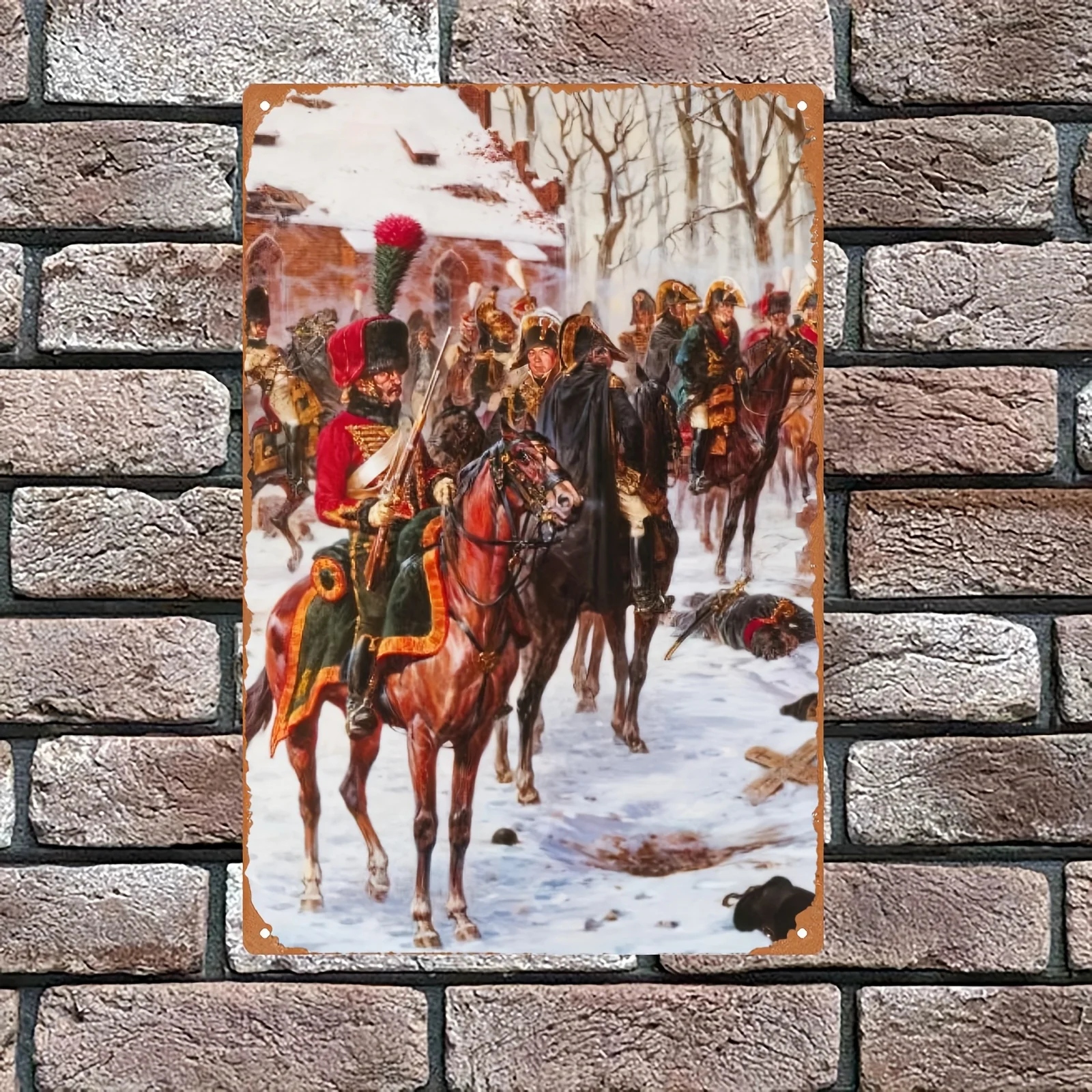 Letrero de metal 2D de caballería europea vintage, arte de pared de escena de batalla de Napoleón, decoración rústica del hogar de 8x12 pulgadas para granja, bar, regalo