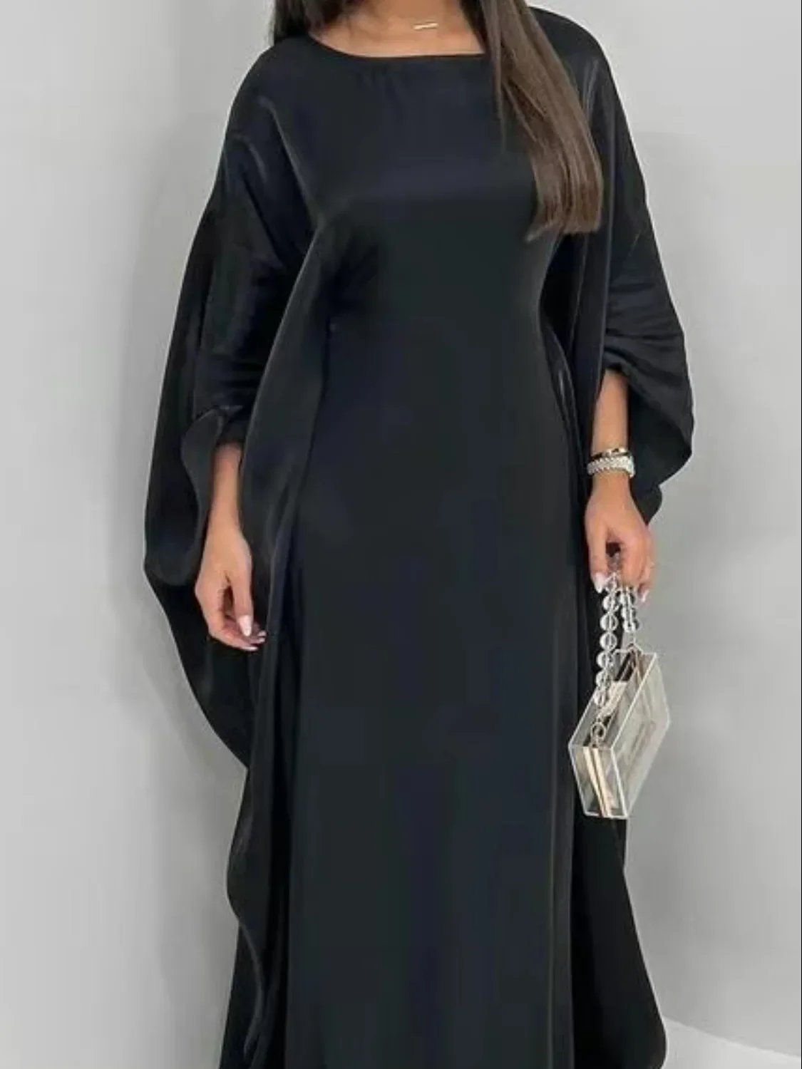Muslim  High-End Solid Color Shiny Satin Batwing Sleeve Dress Long Robe Abaya Loose Maxi Dresss