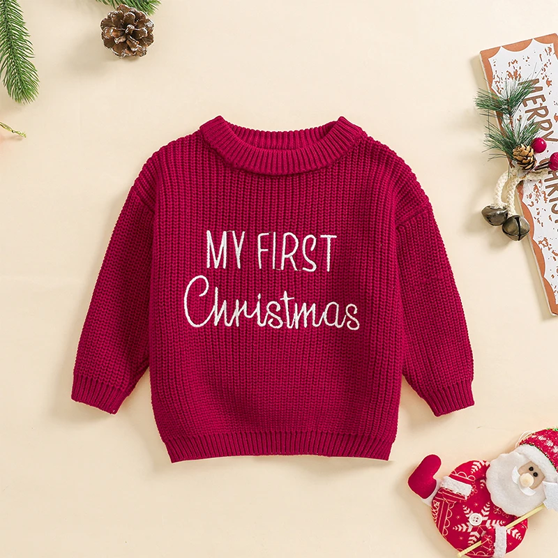 Christmas Baby Sweaters Girls Boys Knitting Clothes Fashion Winter Warm Letter Long Sleeve Kids Pullover Top Knitwear