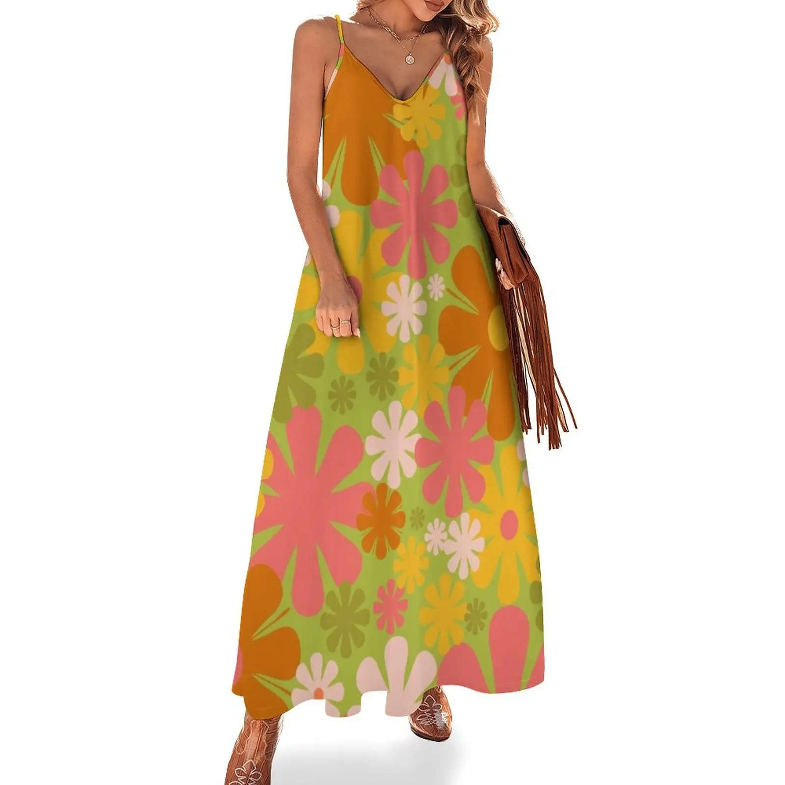 

Retro 60s 70s Aesthetic Floral Pattern Lime Green Pink Yellow Orange Sleeveless Dress women's evening dresses