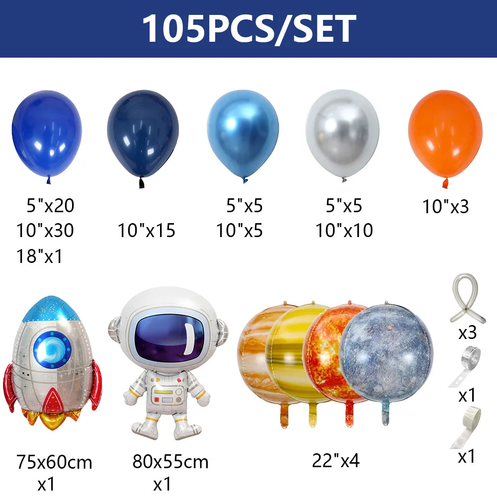 105Pcs Space-Themed Birthday Party Set Astronaut Universe Rocket Foil Balloons Night Blue Silver Orange Birthday Balloons Decor