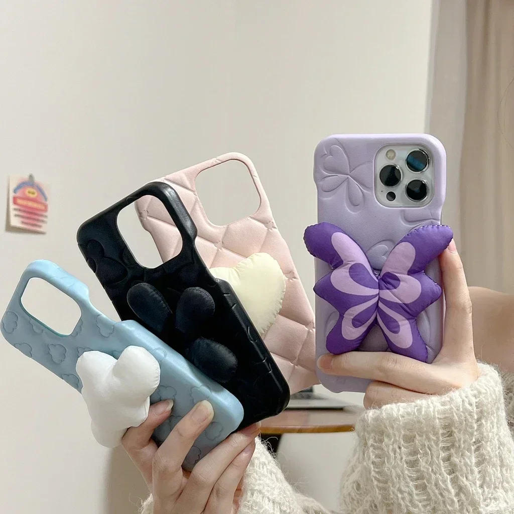 Imitation Leather Butterfly White Cloud Flower Love Heart Cover Case For iPhone 15 14 13 12 Pro Max Shockproof Phone Case