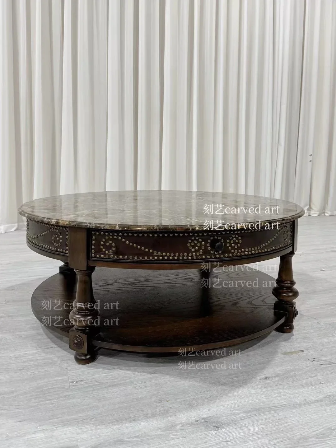 A American oak whiskey round marble coffee table solid wood carving rivet coffee table