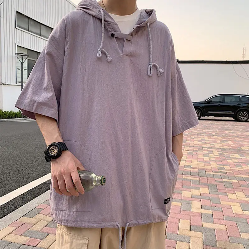 

Льняная футболка-худи мужская летняя дизайнерская, высококачественная, с коротким рукавом, модная, брендовая, для подростков, из хлопка и льна, с рукавом 3/4