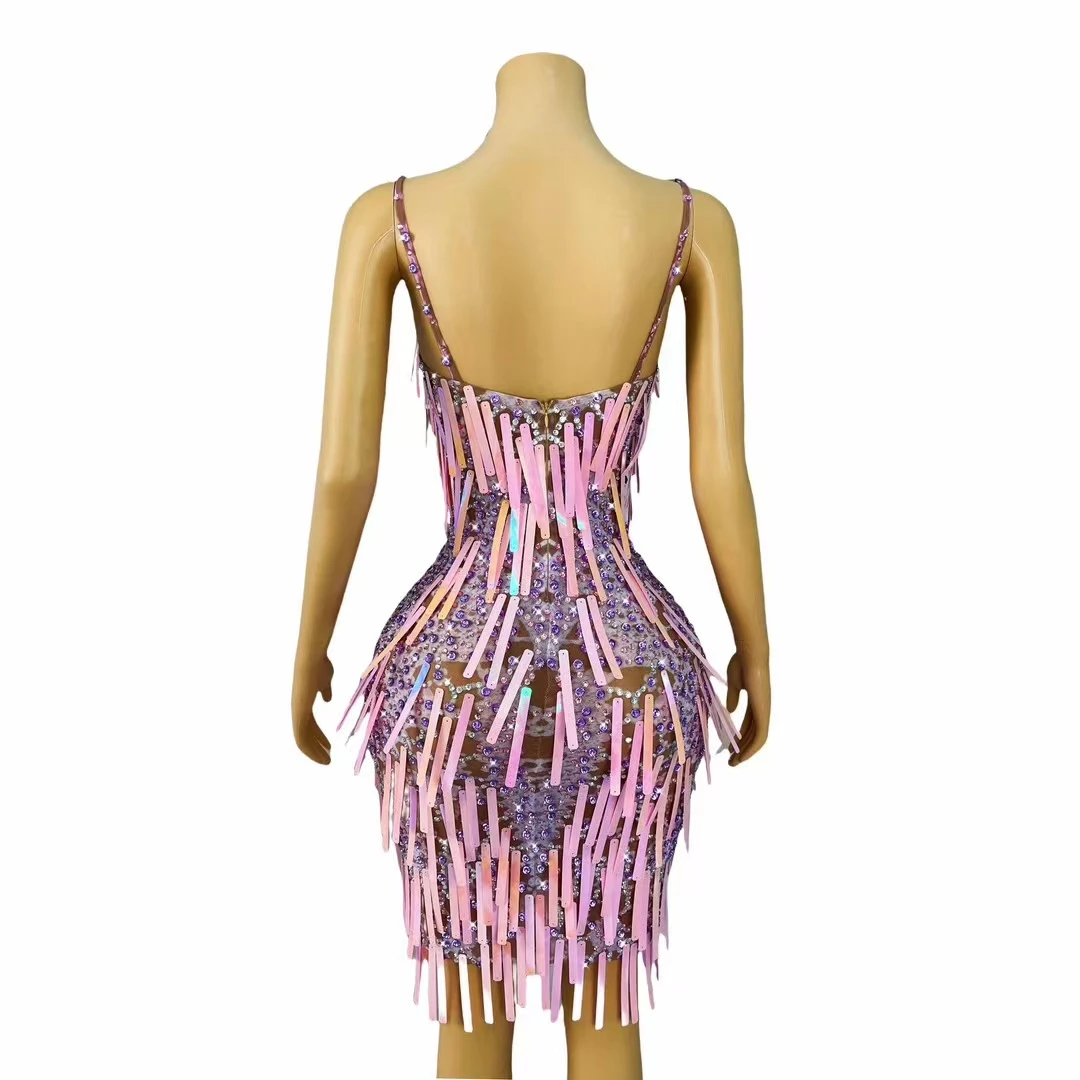 Sparkly Laser Sequin Strip Pink Purple Strap Dress Bodycon Wrap Dress for Women Spring Fling Queen Club Sexy Mini Chic Dress