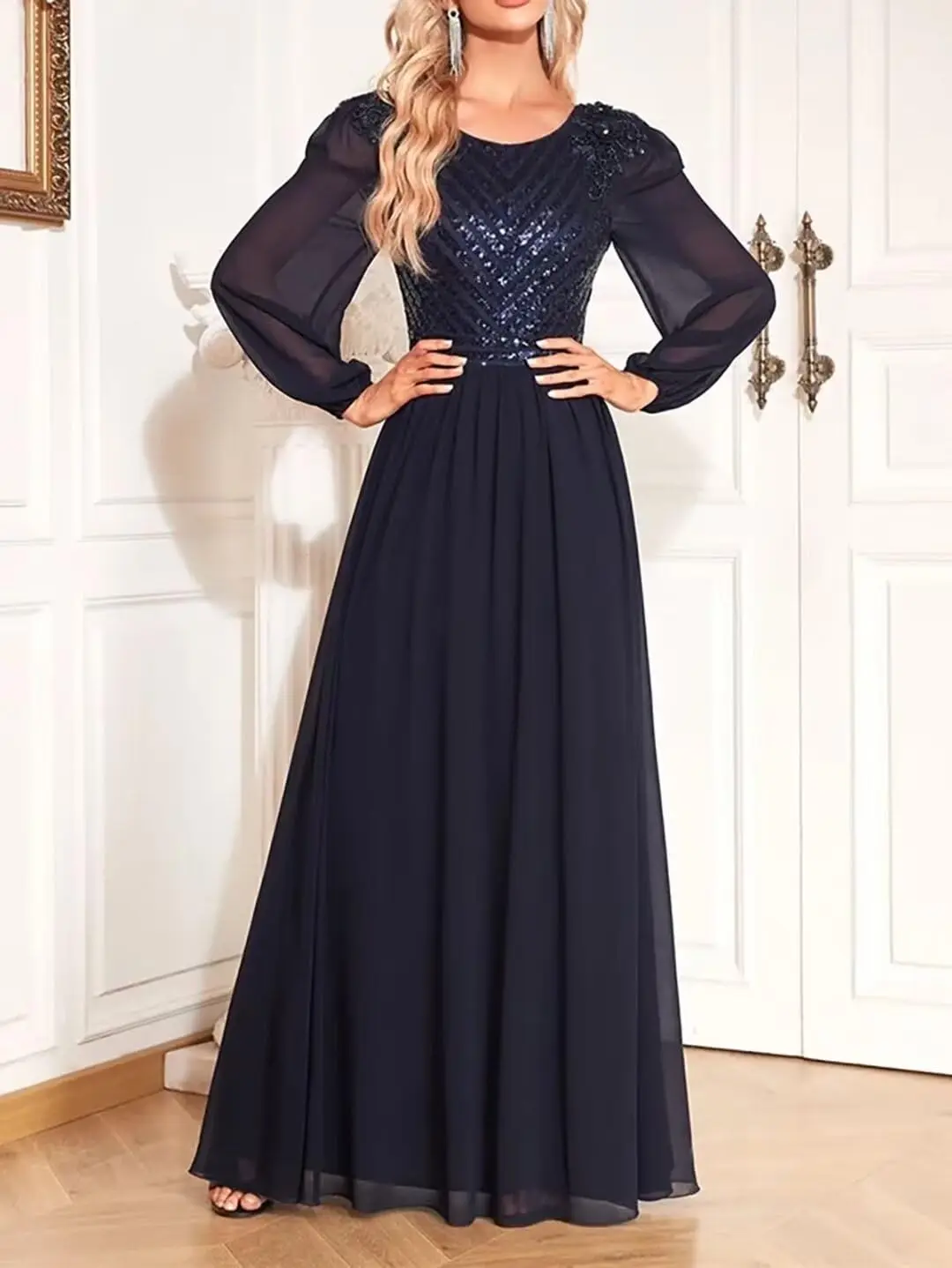 

Chiffon Mother of The Bride Dress Sequin Prom Dress Wedding Guest Dress Crew-Neck Evening Dress Long Cocktail Party Dress