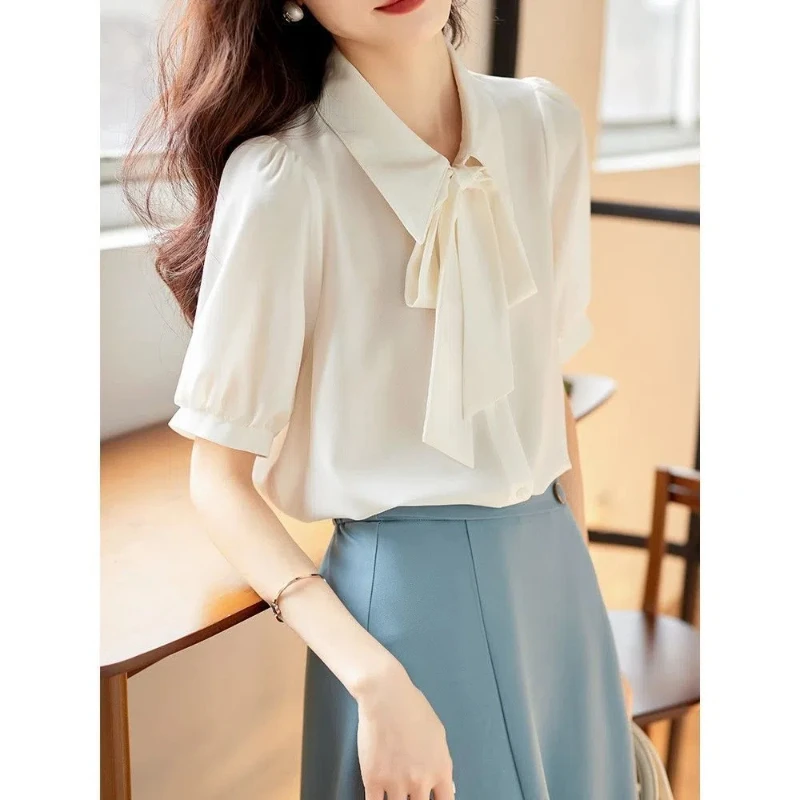 White Chiffon Bow Patchwork Blouse Summer New Short Sleeve Loose Solid Office Shirt Tops Elegant Fashion Casual Women Clothing