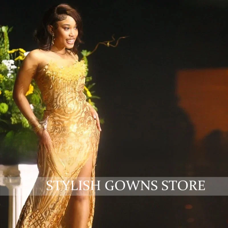 Gouden galajurken Luxe 2025, strapless zeemeermin-avondjurken, luxe kralen gelegenheidsfeestjurk op maat