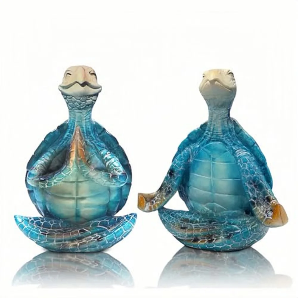 2-Pack Yoga Sea Turtle Figurines - Resin Meditation Desk Statue Decor with Non-Slip Base Zen Ocean Theme Table Shelf Sculptures