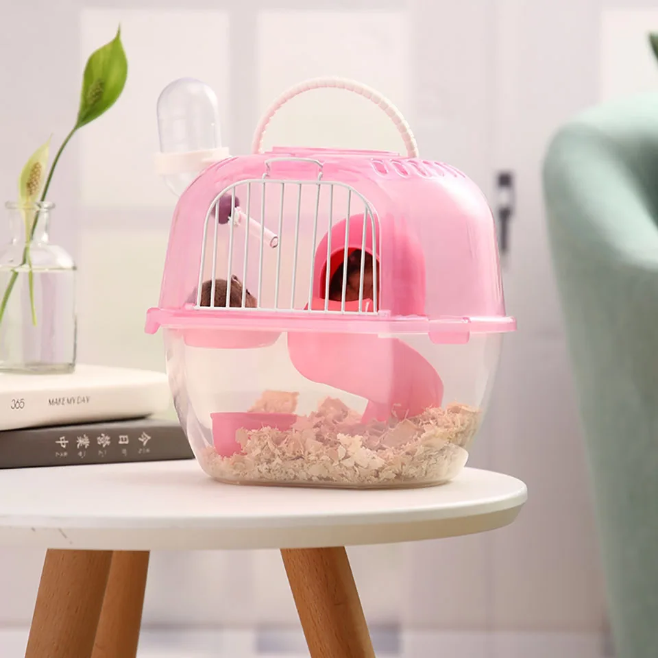 Hamster Cage Mouse Gerbile Cage Transport Cage Box Bath with Running Wheel Pet Toy House Bathroom Water Bottle Dish Supplies