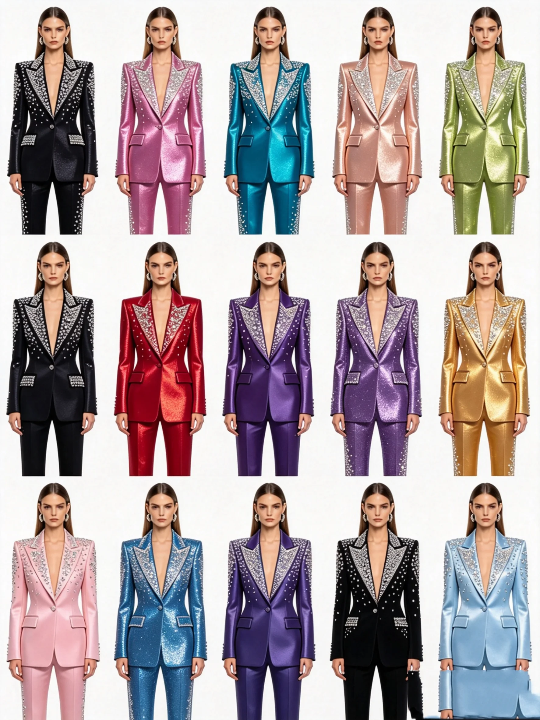 

Shiny Crystals Stone Women Suit Set 2 Pcs Blazer+Pants Spring Formal Office Lady Jacket Customized Wedding Guest Coat