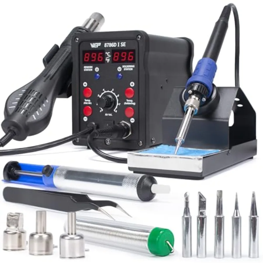 

8786D-I SE Hot Air Soldering Iron Station Kit 2-IN-1 for Rework Desoldering with Lead-Free Solder Wire 5 Soldering Tips 3 Hot A