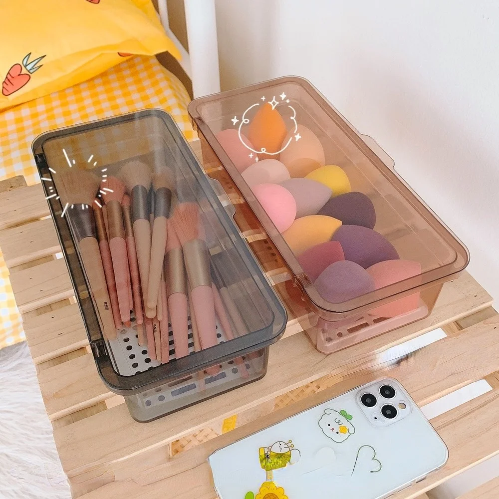 Makeup Brush Storage Box Desktop Dustproof Storage Beauty Makeup Container Bathroom Organizer Flip Cover Cosmetic Box
