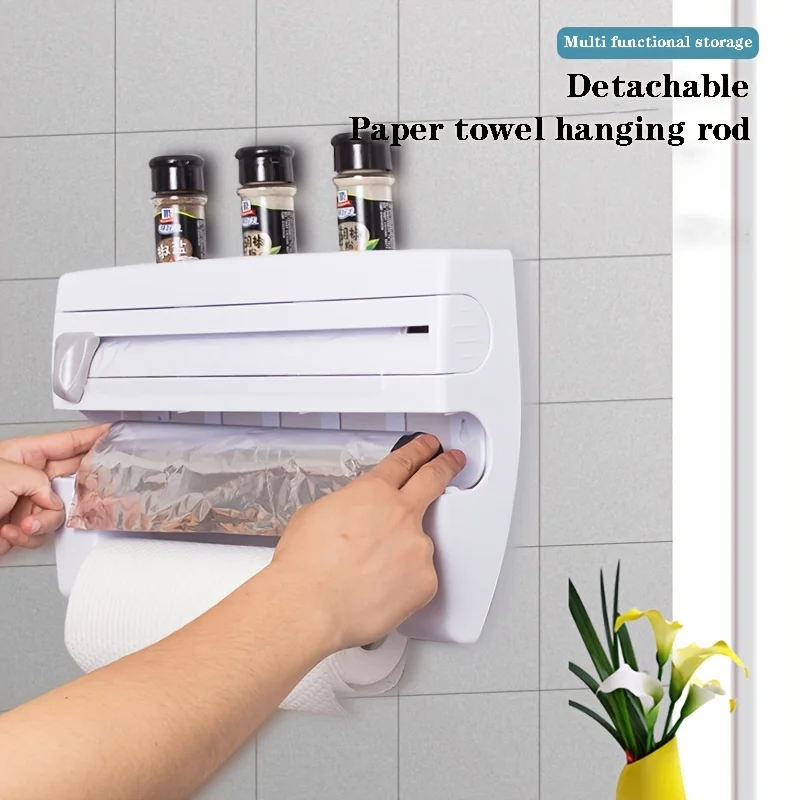 

4in1 Plastic Aluminum Foil Dispenser Tissue Spice Storage As Sorting Rack Fresh-keeping Film Cutting Supplies Kitchen Accessorie